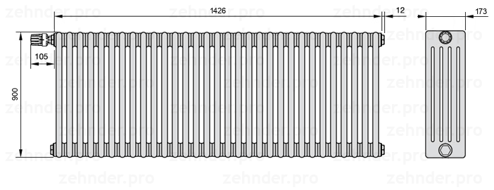 Схема (чертеж) Радиатор Zehnder Charleston 5090/31 №V011 Белый глянцевый RAL 9016